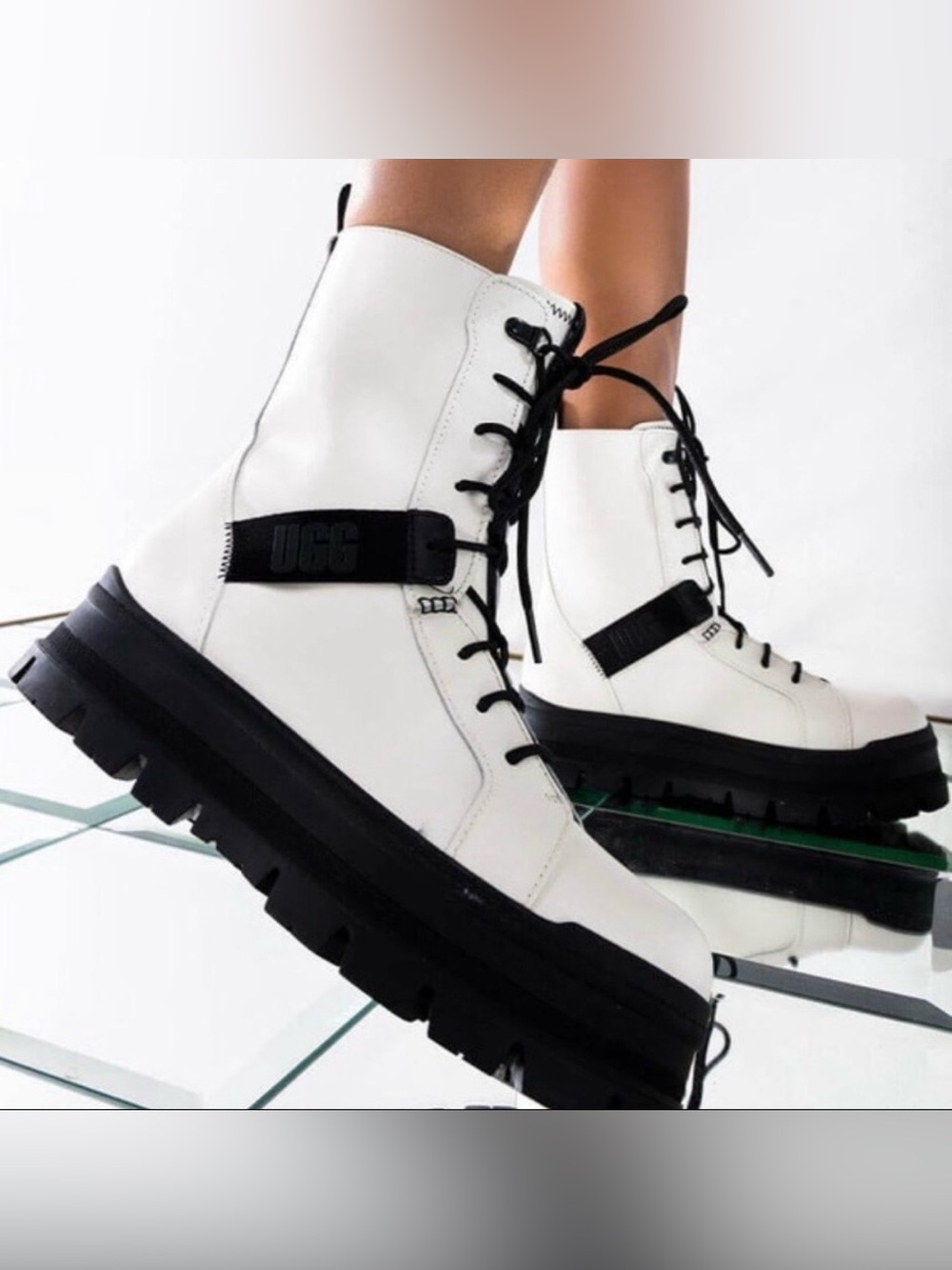 Ugg Sheena White Lace Up Combat Platform Boots